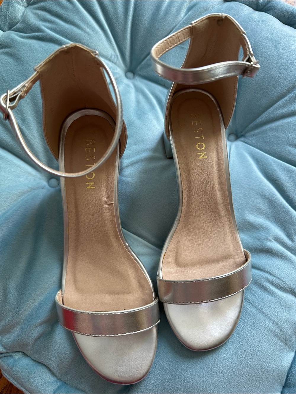 Silver Ankle-Strap Block Heel Sandals
